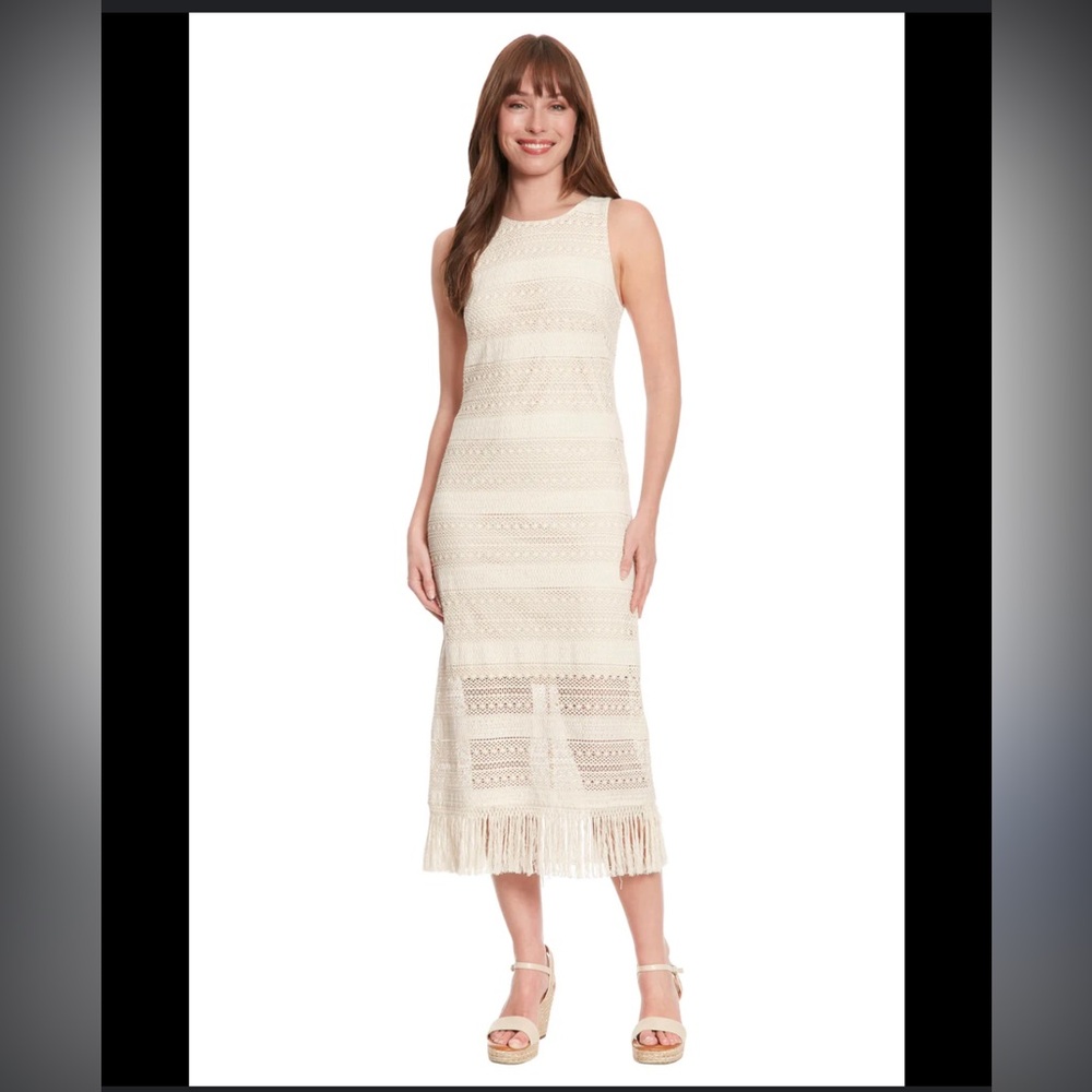 NWT- London Times Crochet Sleeveless Sheath Dress in Natural with Fringe Hem 6 - Picture 1 of 13